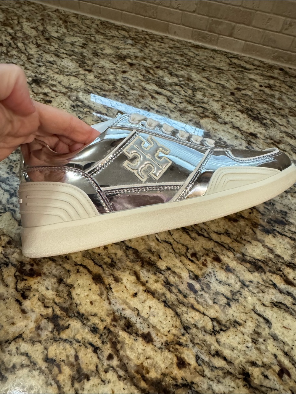 Tory Burch Metallic Silver Low-Top Logo Sneaker - Picture 6 of 8